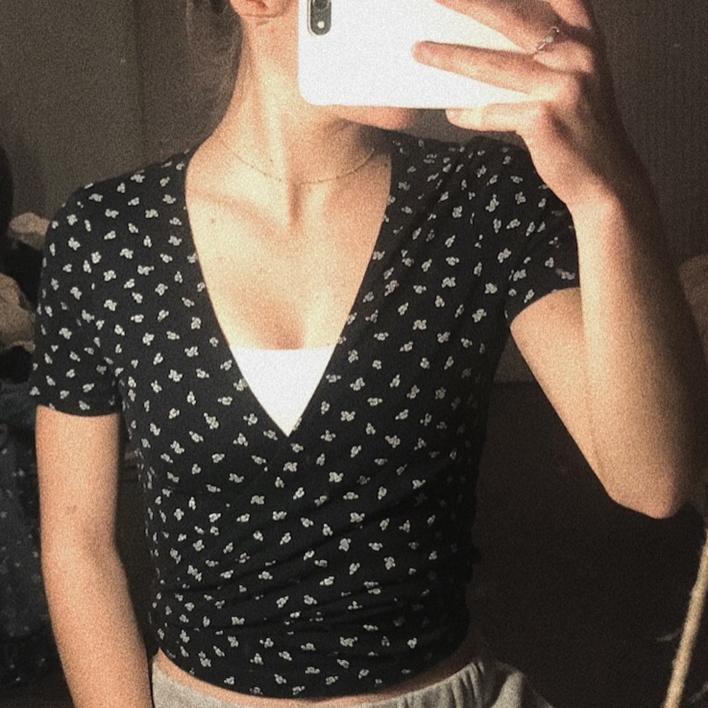 Brandy Melville Dark Navy Blue Floral Wrap Top